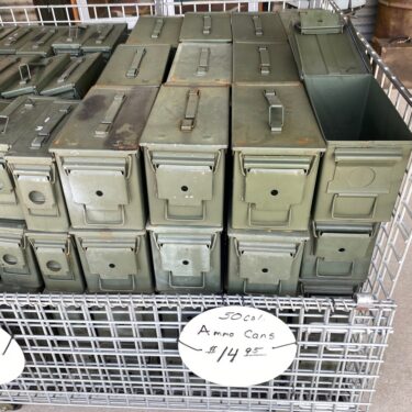 50 cal ammo cans stacked on pallets