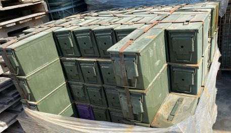 50 cal ammo cans stacked on pallets